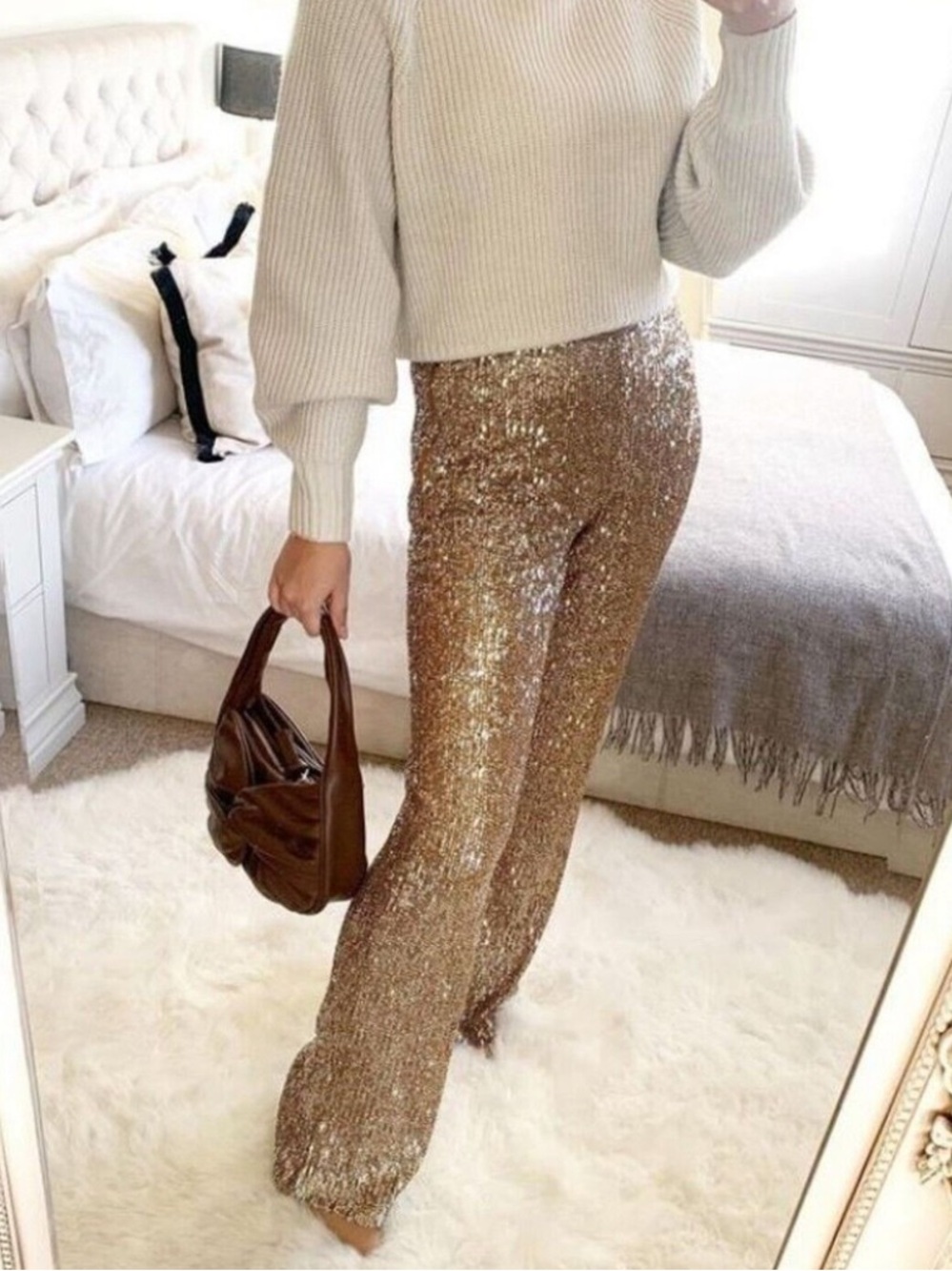 Zara Gold Sequin Flare Trousers